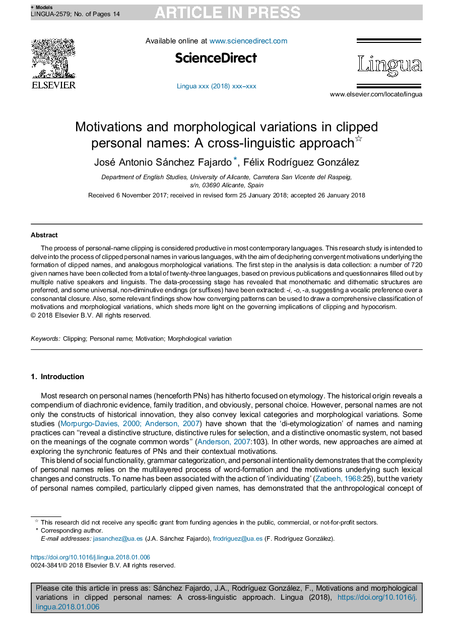 Motivations and morphological variations in clipped personal names: A cross-linguistic approach