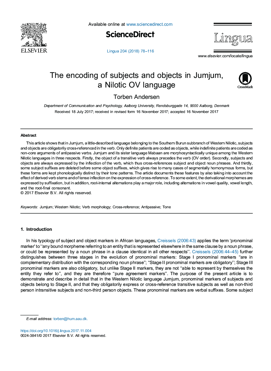 The encoding of subjects and objects in Jumjum, a Nilotic OV language