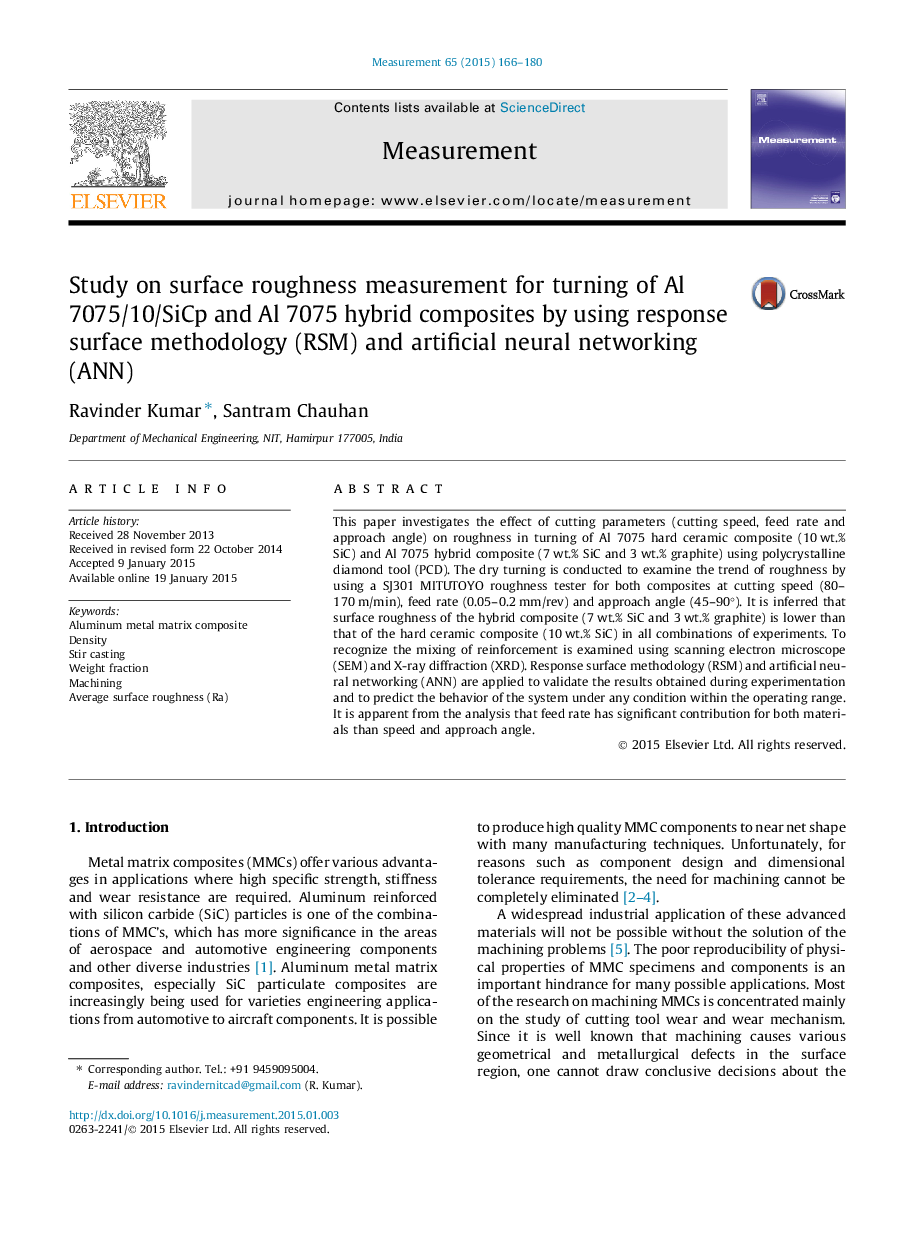 Study on surface roughness measurement for turning of Al 7075/10/SiCp and Al 7075 hybrid composites by using response surface methodology (RSM) and artificial neural networking (ANN)