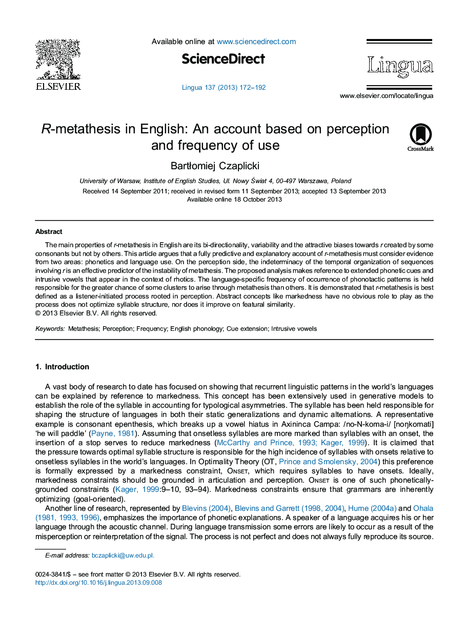 R-metathesis in English: An account based on perception and frequency of use