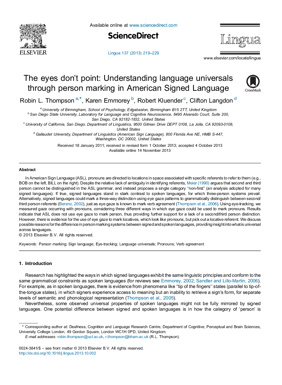 The eyes don't point: Understanding language universals through person marking in American Signed Language