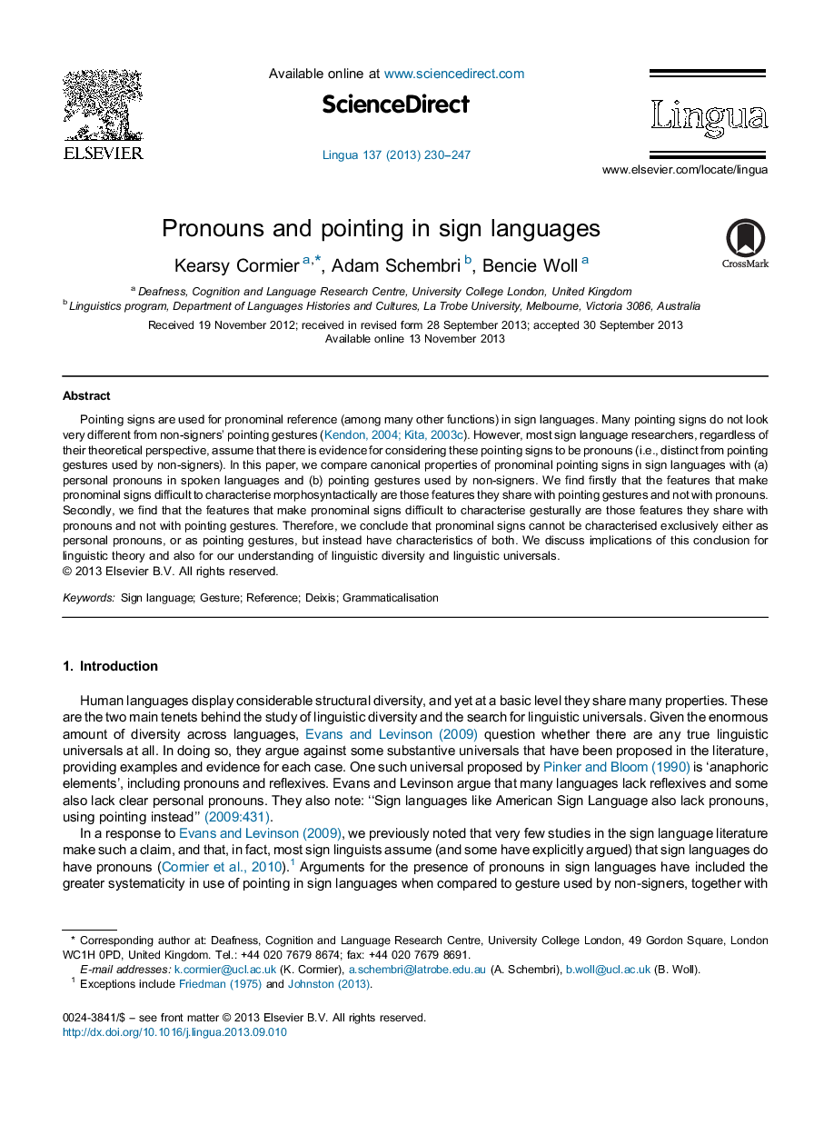 Pronouns and pointing in sign languages