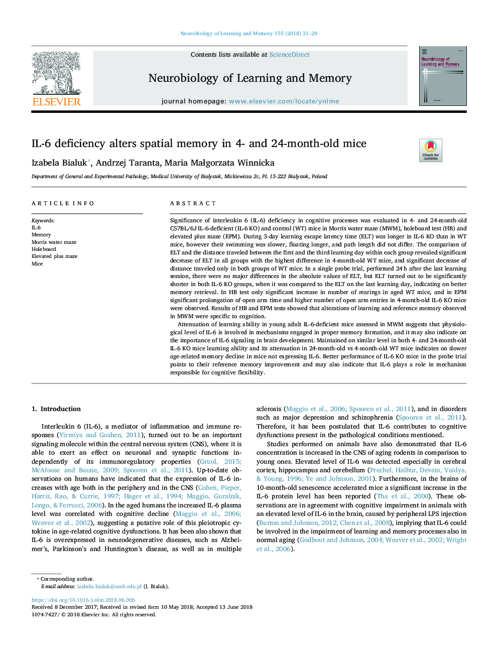 IL-6 deficiency alters spatial memory in 4- and 24-month-old mice