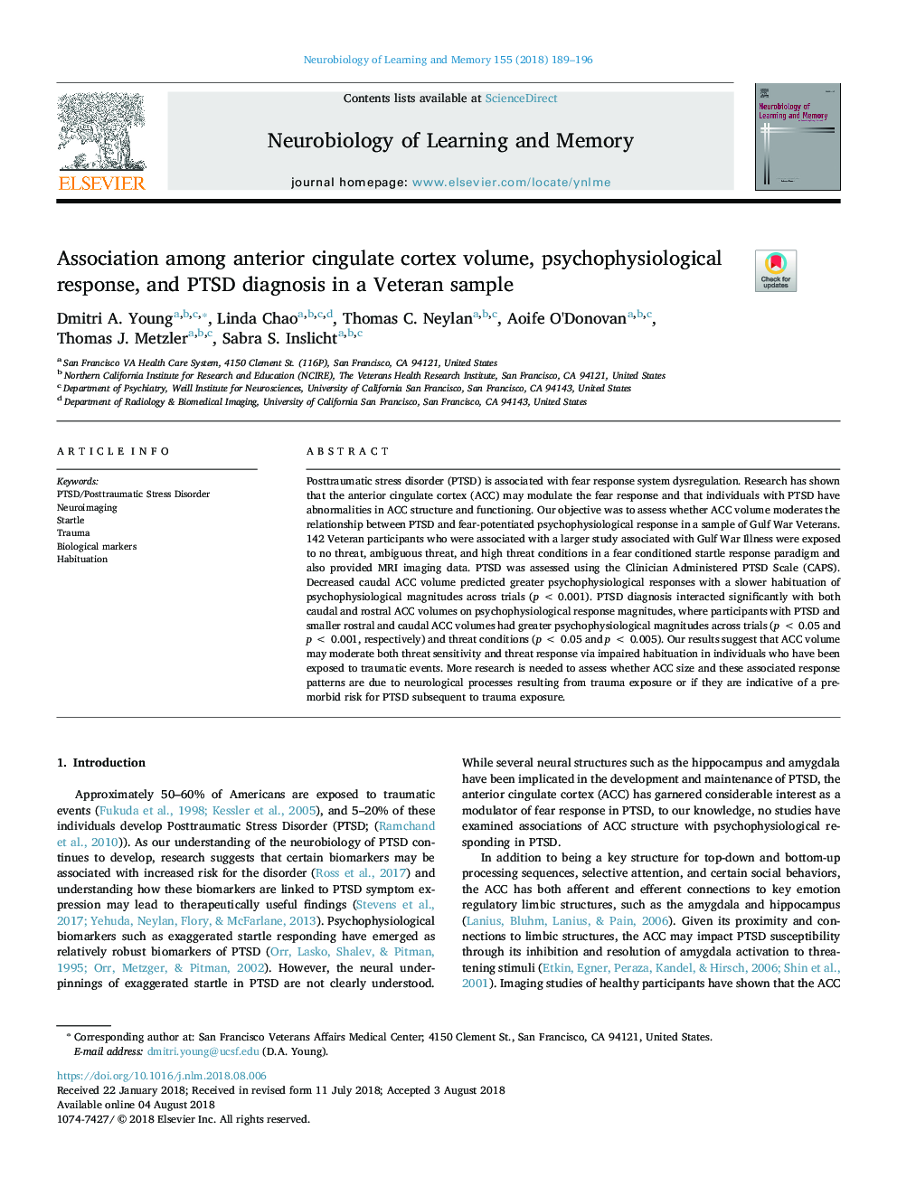 Association among anterior cingulate cortex volume, psychophysiological response, and PTSD diagnosis in a Veteran sample