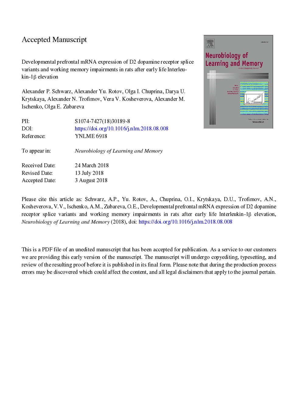 Developmental prefrontal mRNA expression of D2 dopamine receptor splice variants and working memory impairments in rats after early life Interleukin-1Î² elevation