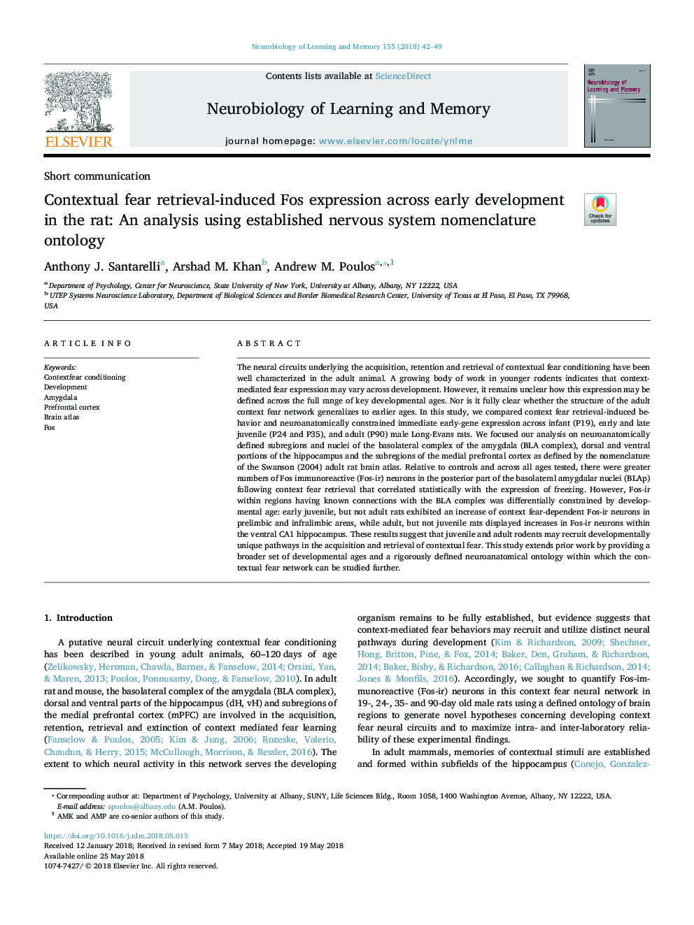 Contextual fear retrieval-induced Fos expression across early development in the rat: An analysis using established nervous system nomenclature ontology