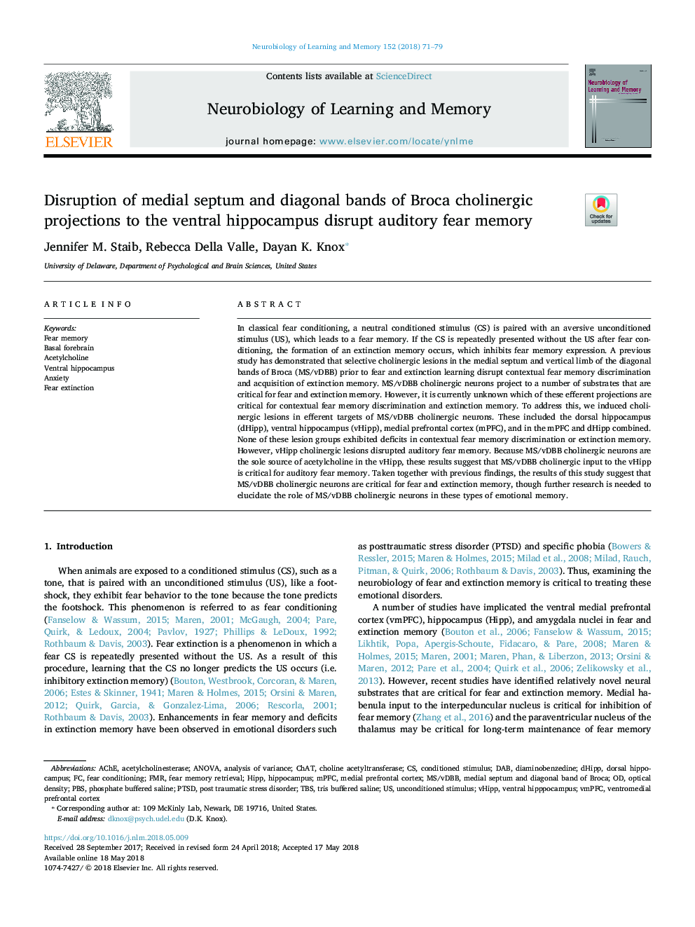 Disruption of medial septum and diagonal bands of Broca cholinergic projections to the ventral hippocampus disrupt auditory fear memory