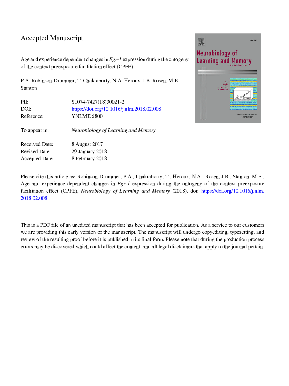 Age and experience dependent changes in Egr-1 expression during the ontogeny of the context preexposure facilitation effect (CPFE)