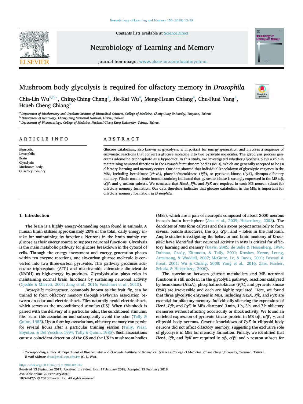 Mushroom body glycolysis is required for olfactory memory in Drosophila