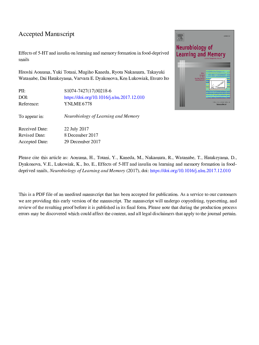 عکس صفحه اول مقاله: Effects of 5-HT and insulin on learning and memory formation in food-deprived snails Effects of 5-HT and insulin on learning and memory formation in food-deprived snails