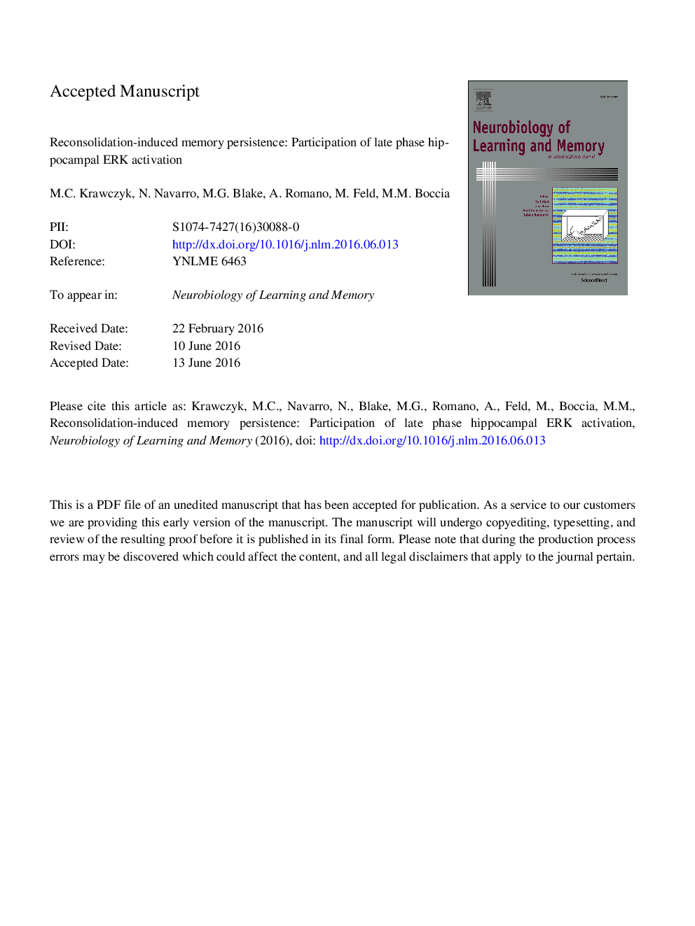 Reconsolidation-induced memory persistence: Participation of late phase hippocampal ERK activation