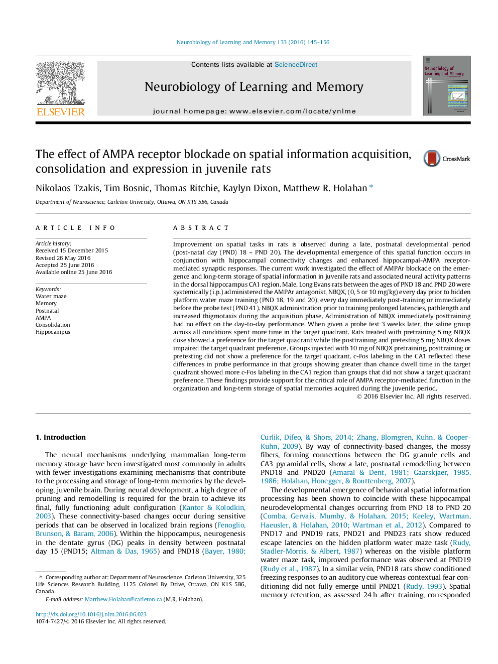 The effect of AMPA receptor blockade on spatial information acquisition, consolidation and expression in juvenile rats