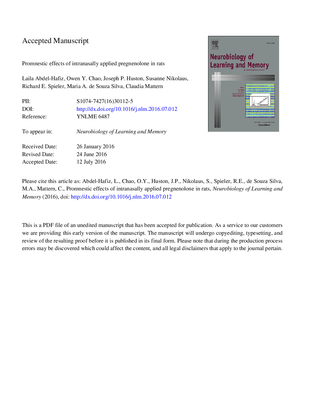 Promnestic effects of intranasally applied pregnenolone in rats