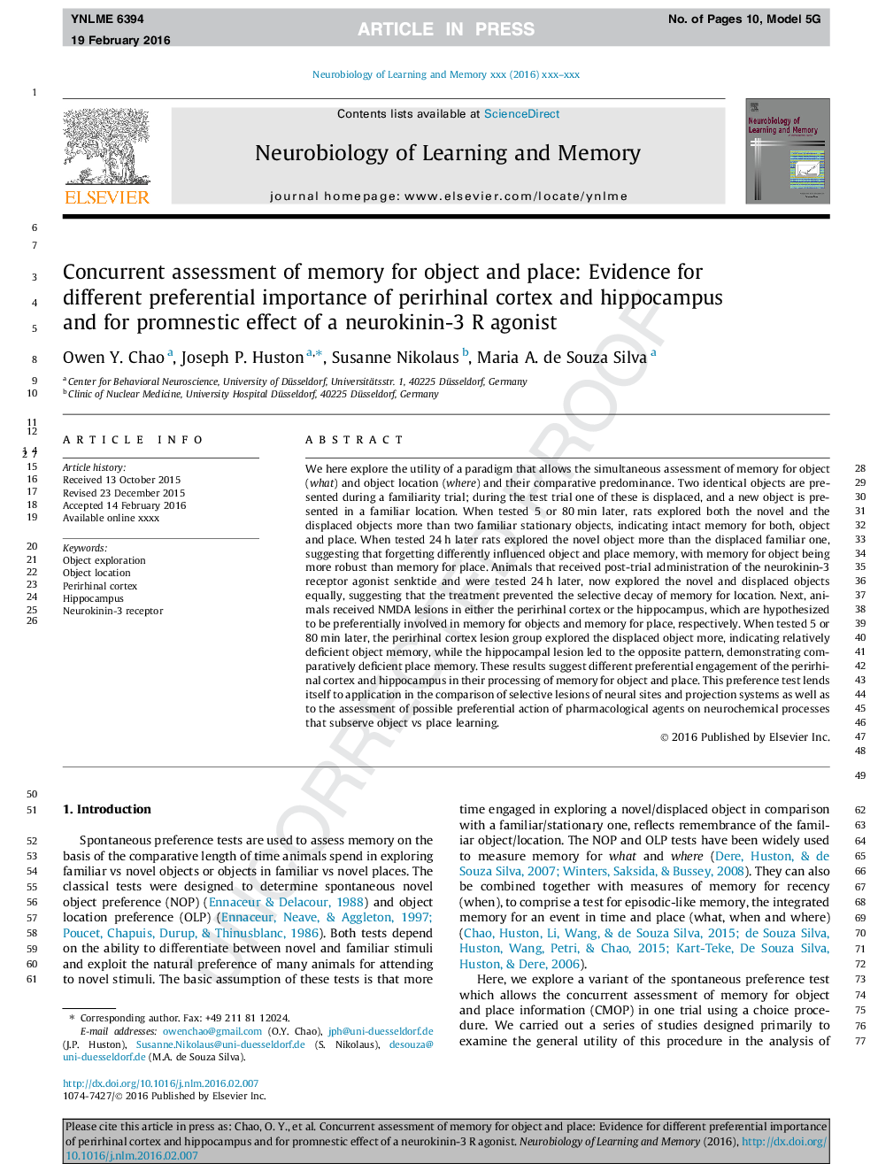 Concurrent assessment of memory for object and place: Evidence for different preferential importance of perirhinal cortex and hippocampus and for promnestic effect of a neurokinin-3 R agonist