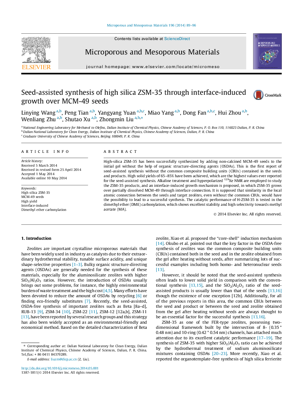 Seed-assisted synthesis of high silica ZSM-35 through interface-induced growth over MCM-49 seeds