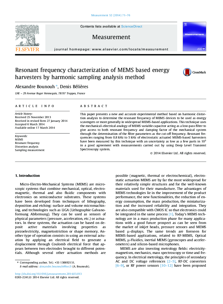 Resonant frequency characterization of MEMS based energy harvesters by harmonic sampling analysis method