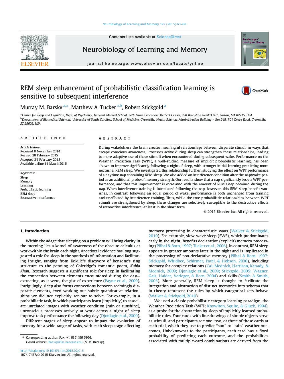 REM sleep enhancement of probabilistic classification learning is sensitive to subsequent interference