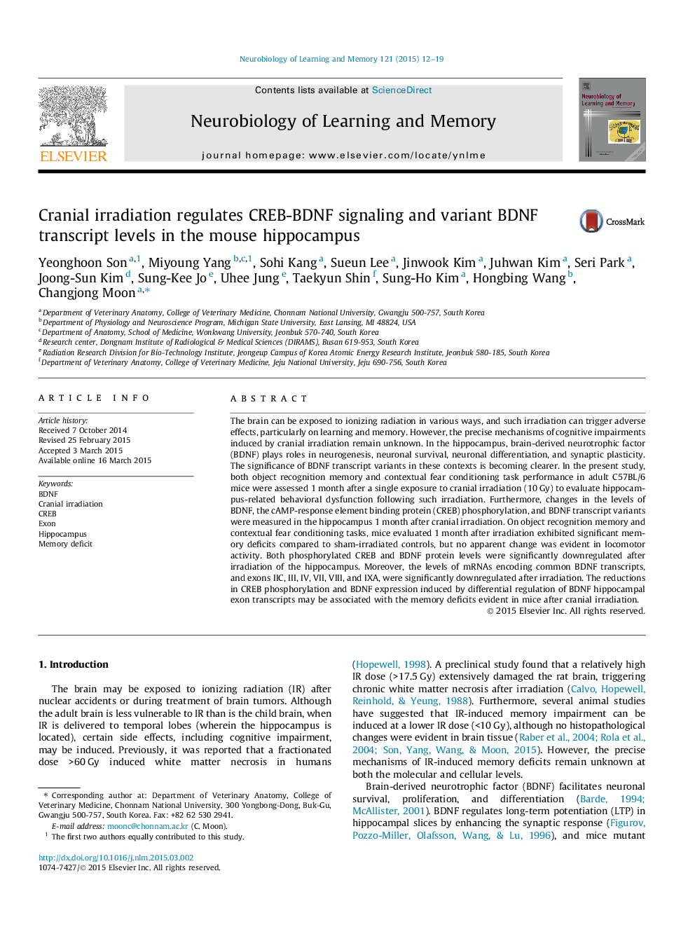 Cranial irradiation regulates CREB-BDNF signaling and variant BDNF transcript levels in the mouse hippocampus