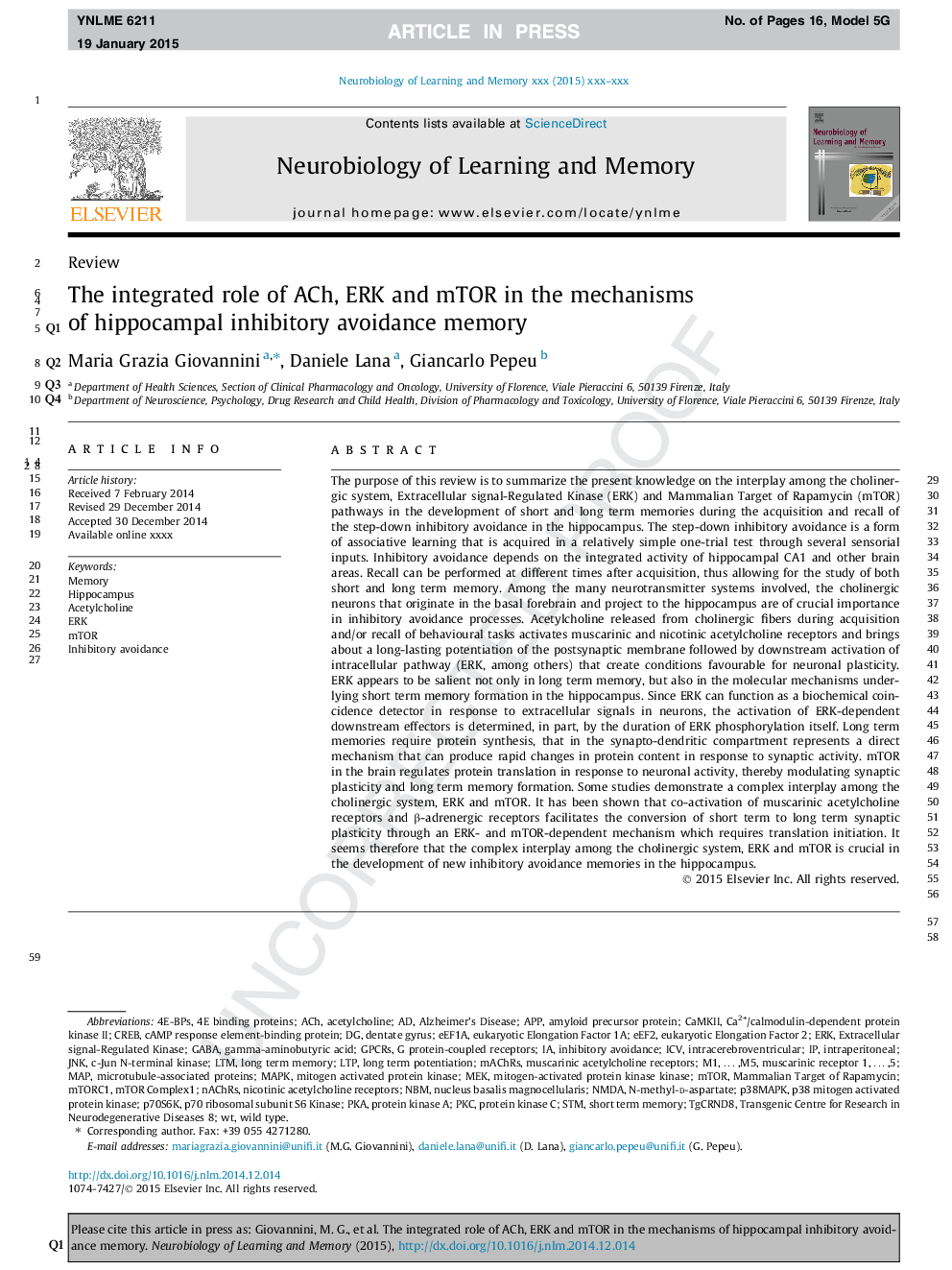 The integrated role of ACh, ERK and mTOR in the mechanisms of hippocampal inhibitory avoidance memory