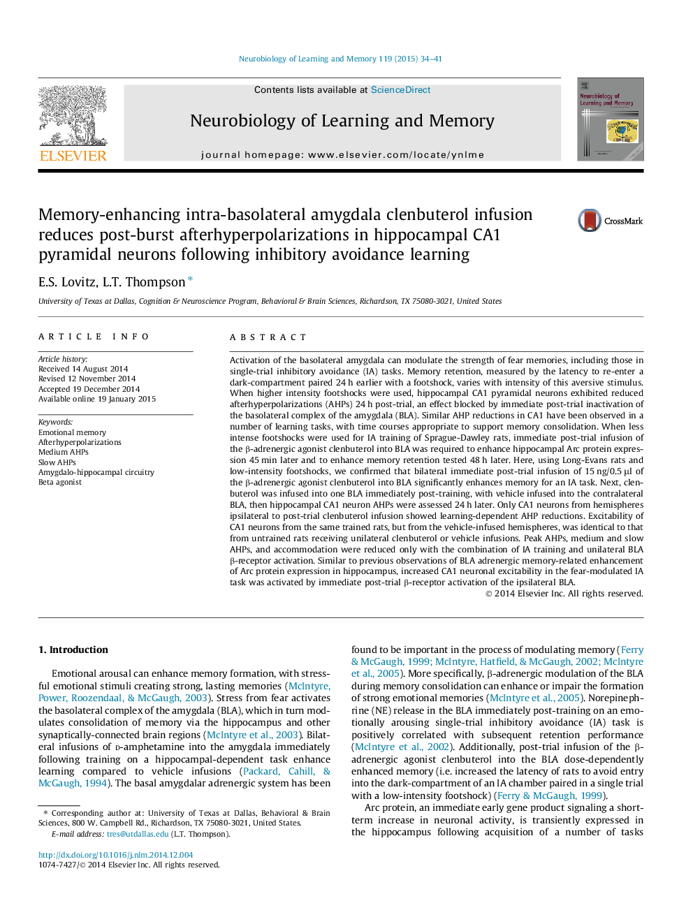 Memory-enhancing intra-basolateral amygdala clenbuterol infusion reduces post-burst afterhyperpolarizations in hippocampal CA1 pyramidal neurons following inhibitory avoidance learning