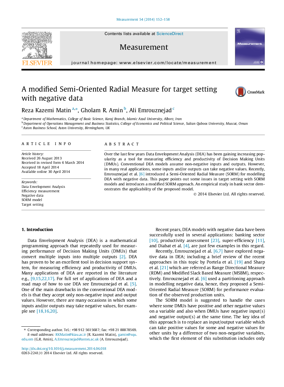 A modified Semi-Oriented Radial Measure for target setting with negative data