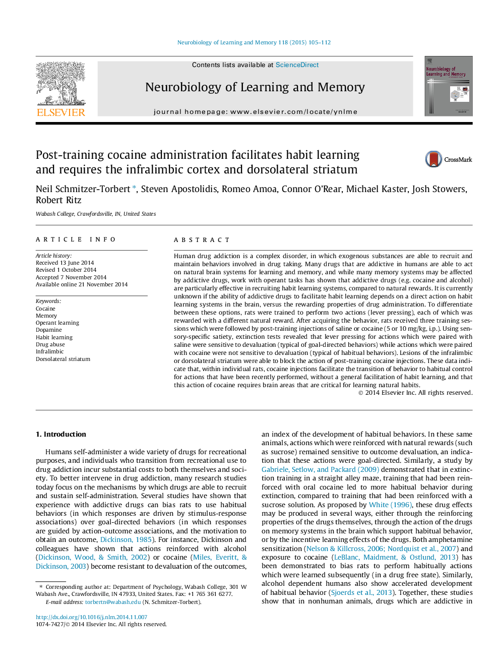 Post-training cocaine administration facilitates habit learning and requires the infralimbic cortex and dorsolateral striatum