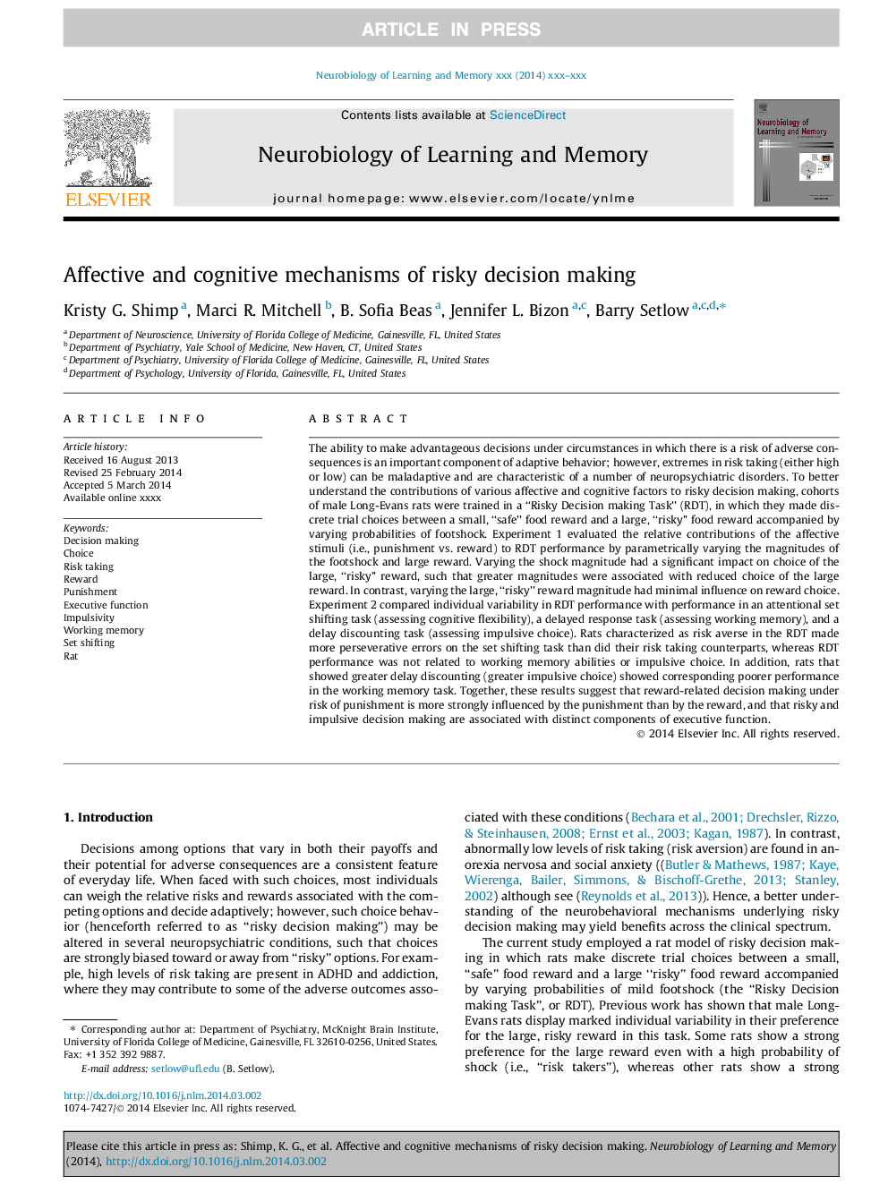 Affective and cognitive mechanisms of risky decision making