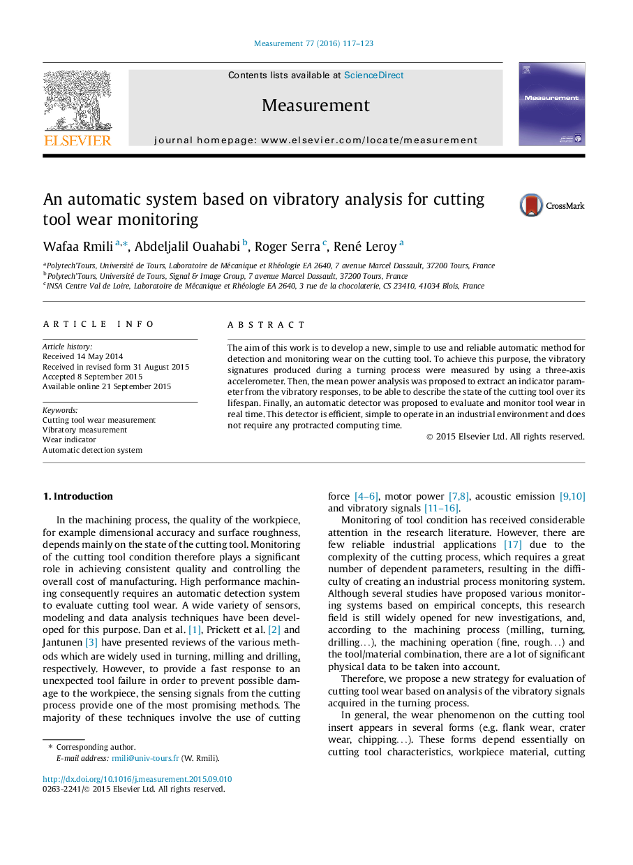 An automatic system based on vibratory analysis for cutting tool wear monitoring