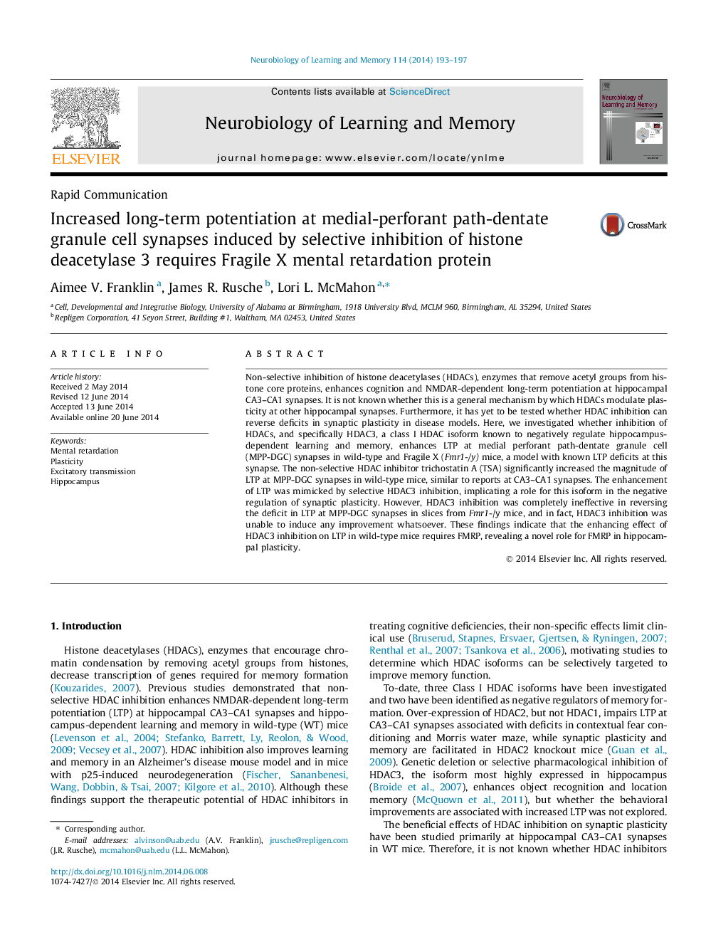 عکس صفحه اول مقاله: Increased long-term potentiation at medial-perforant path-dentate granule cell synapses induced by selective inhibition of histone deacetylase 3 requires Fragile X mental retardation protein Increased long-term potentiation at medial-perforant path-dentate granule cell synapses induced by selective inhibition of histone deacetylase 3 requires Fragile X mental retardation protein