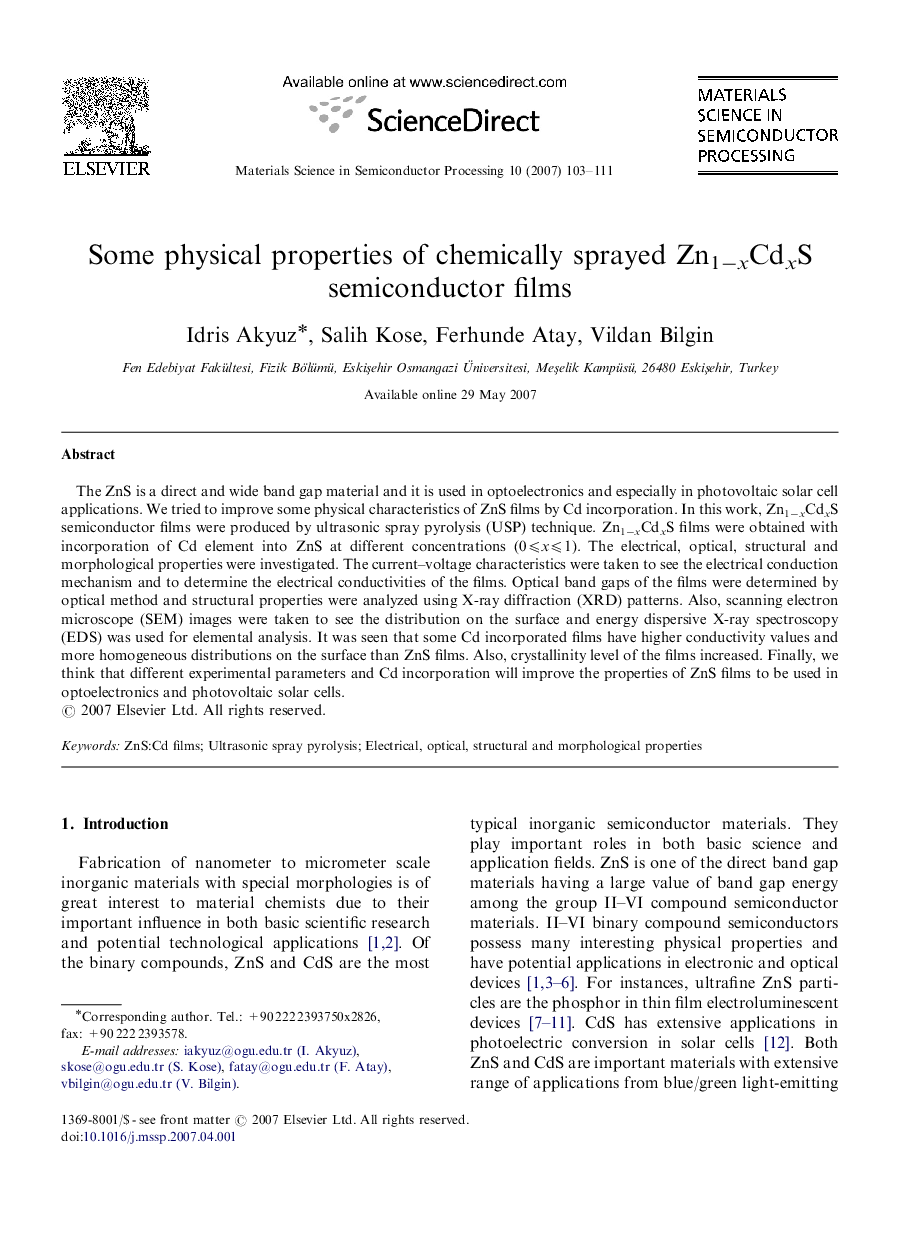 Some physical properties of chemically sprayed Zn1−xCdxS semiconductor films
