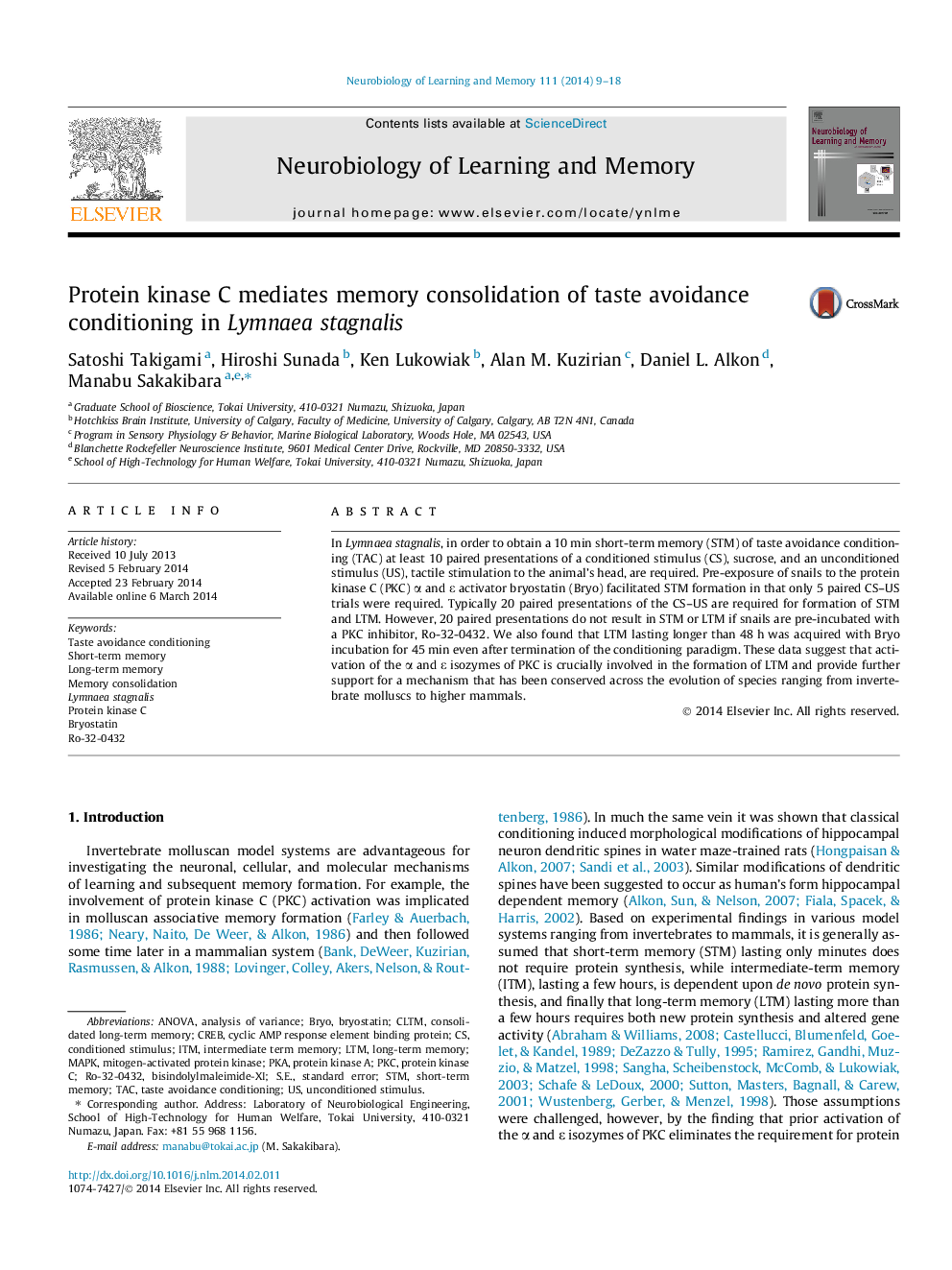 Protein kinase C mediates memory consolidation of taste avoidance conditioning in Lymnaea stagnalis