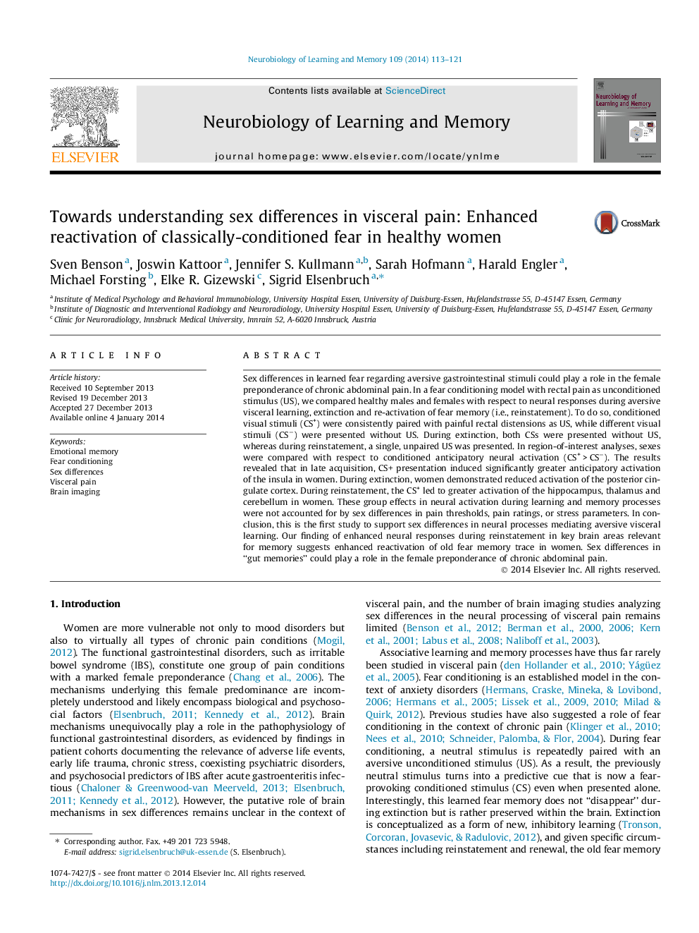 Towards understanding sex differences in visceral pain: Enhanced reactivation of classically-conditioned fear in healthy women