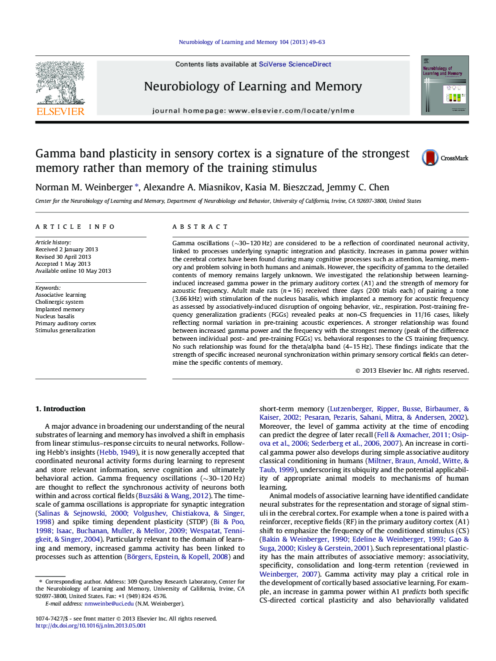 Gamma band plasticity in sensory cortex is a signature of the strongest memory rather than memory of the training stimulus