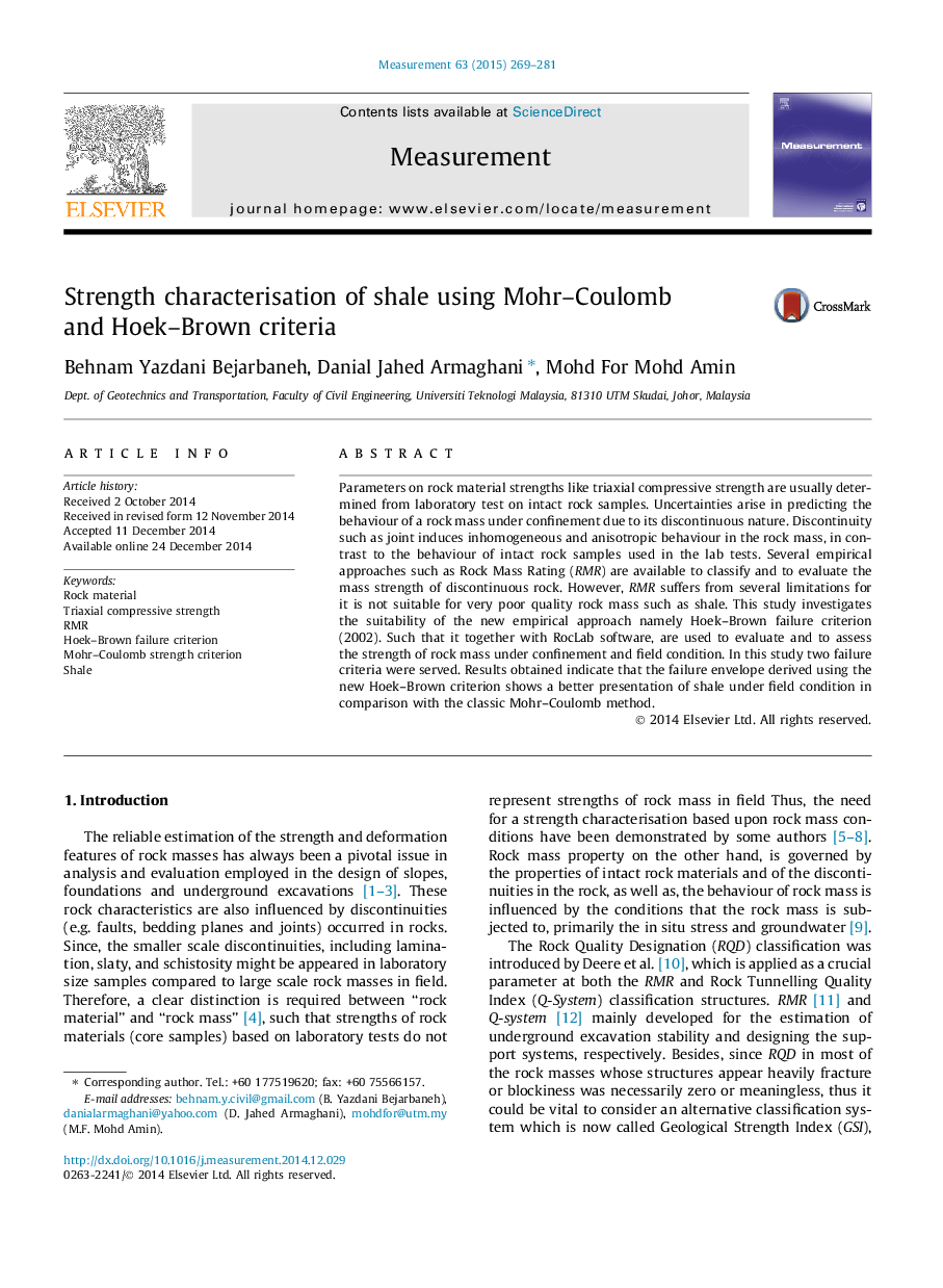 Strength characterisation of shale using Mohr–Coulomb and Hoek–Brown criteria