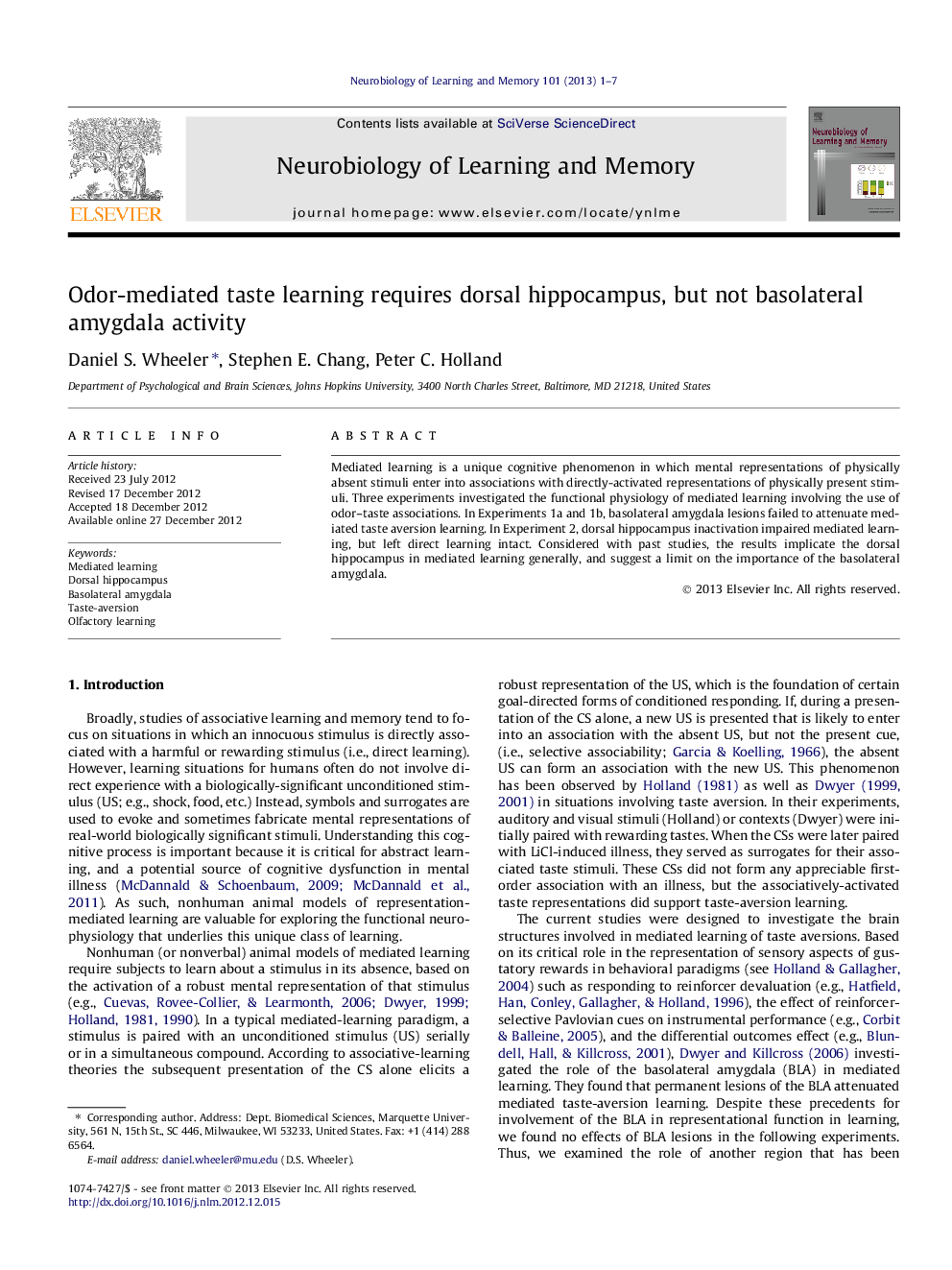 Odor-mediated taste learning requires dorsal hippocampus, but not basolateral amygdala activity