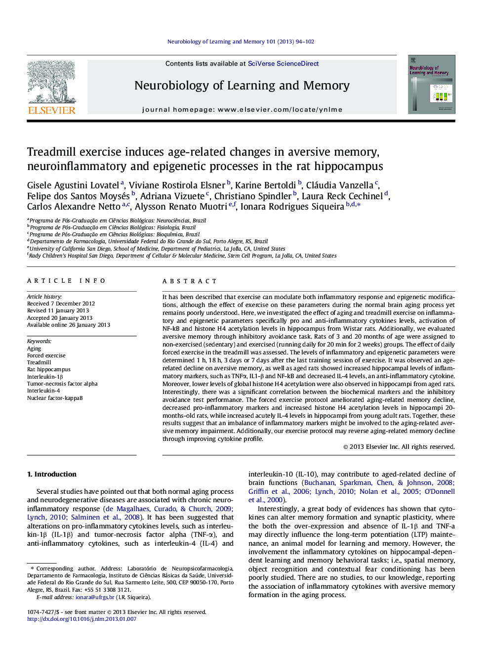 Treadmill exercise induces age-related changes in aversive memory, neuroinflammatory and epigenetic processes in the rat hippocampus