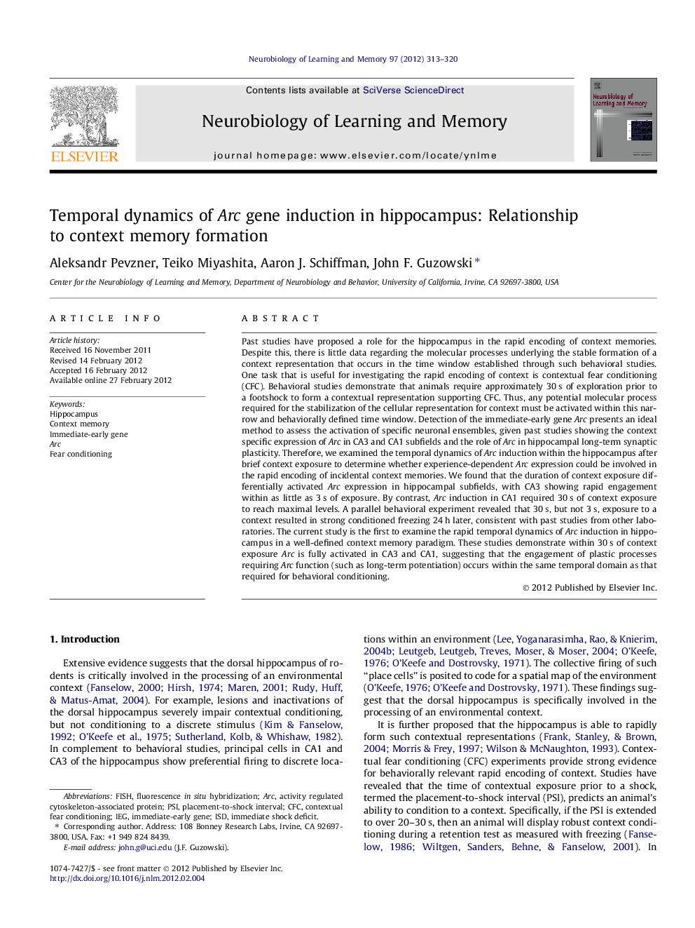 Temporal dynamics of Arc gene induction in hippocampus: Relationship to context memory formation