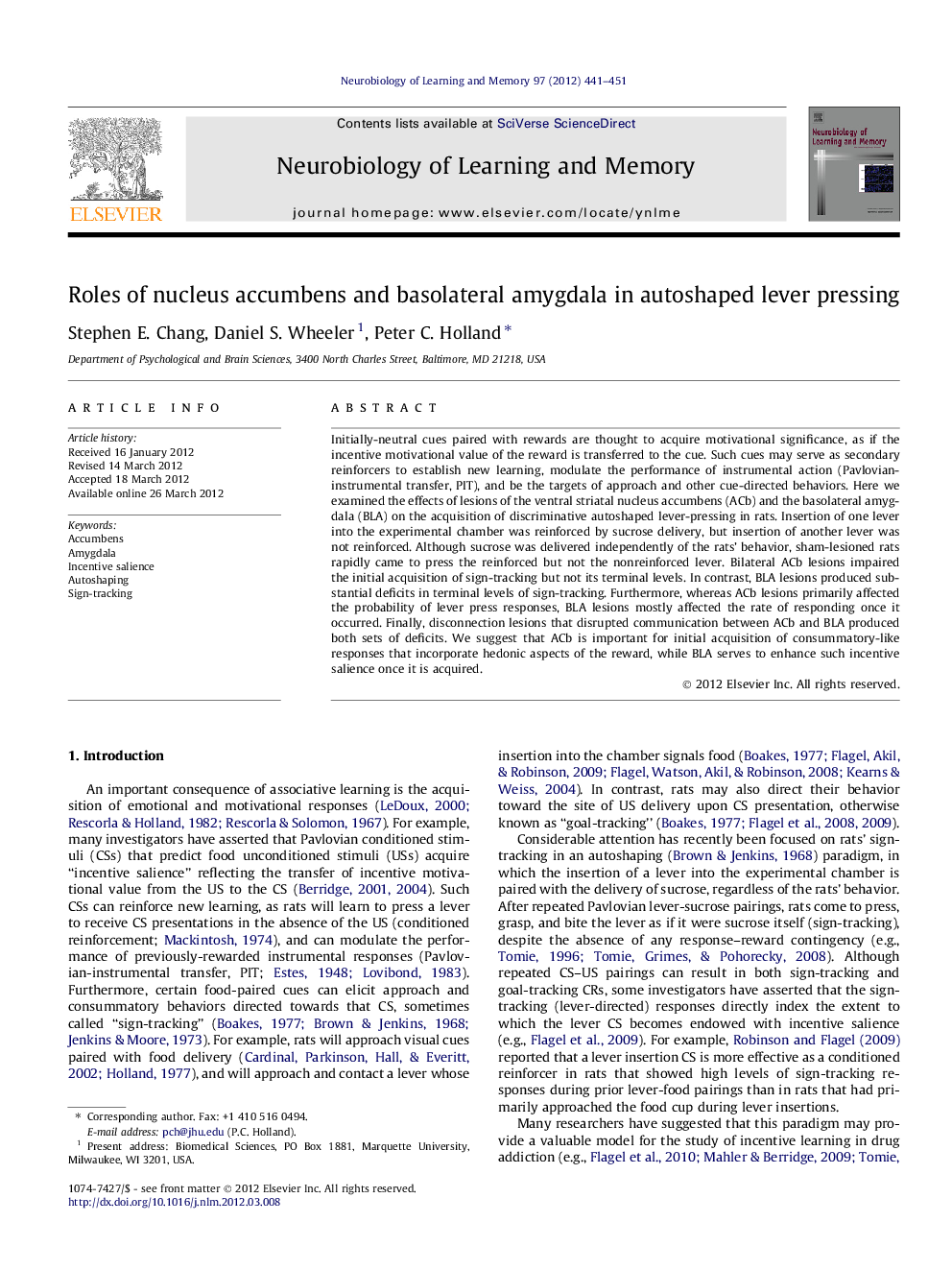 Roles of nucleus accumbens and basolateral amygdala in autoshaped lever pressing