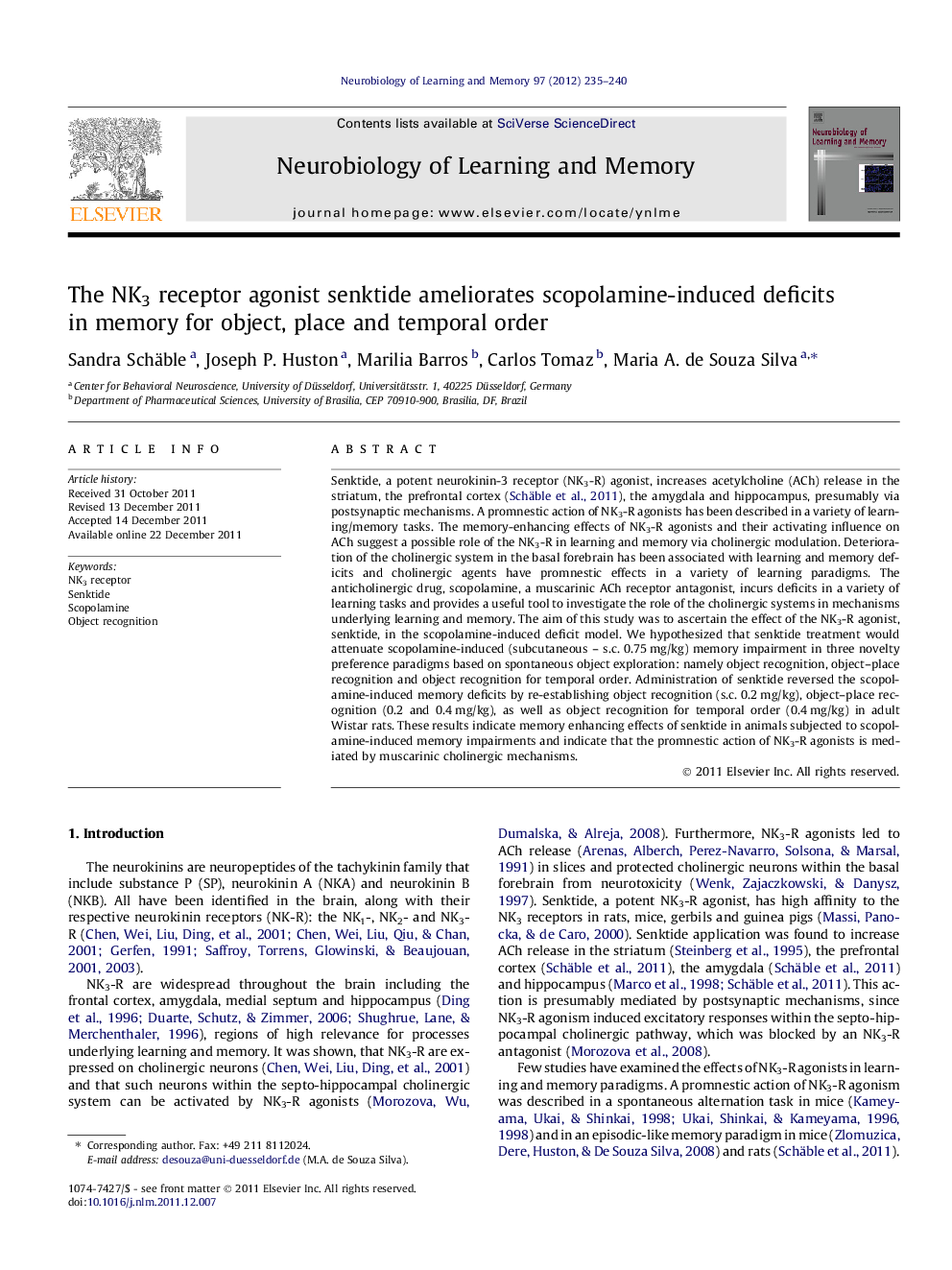 The NK3 receptor agonist senktide ameliorates scopolamine-induced deficits in memory for object, place and temporal order