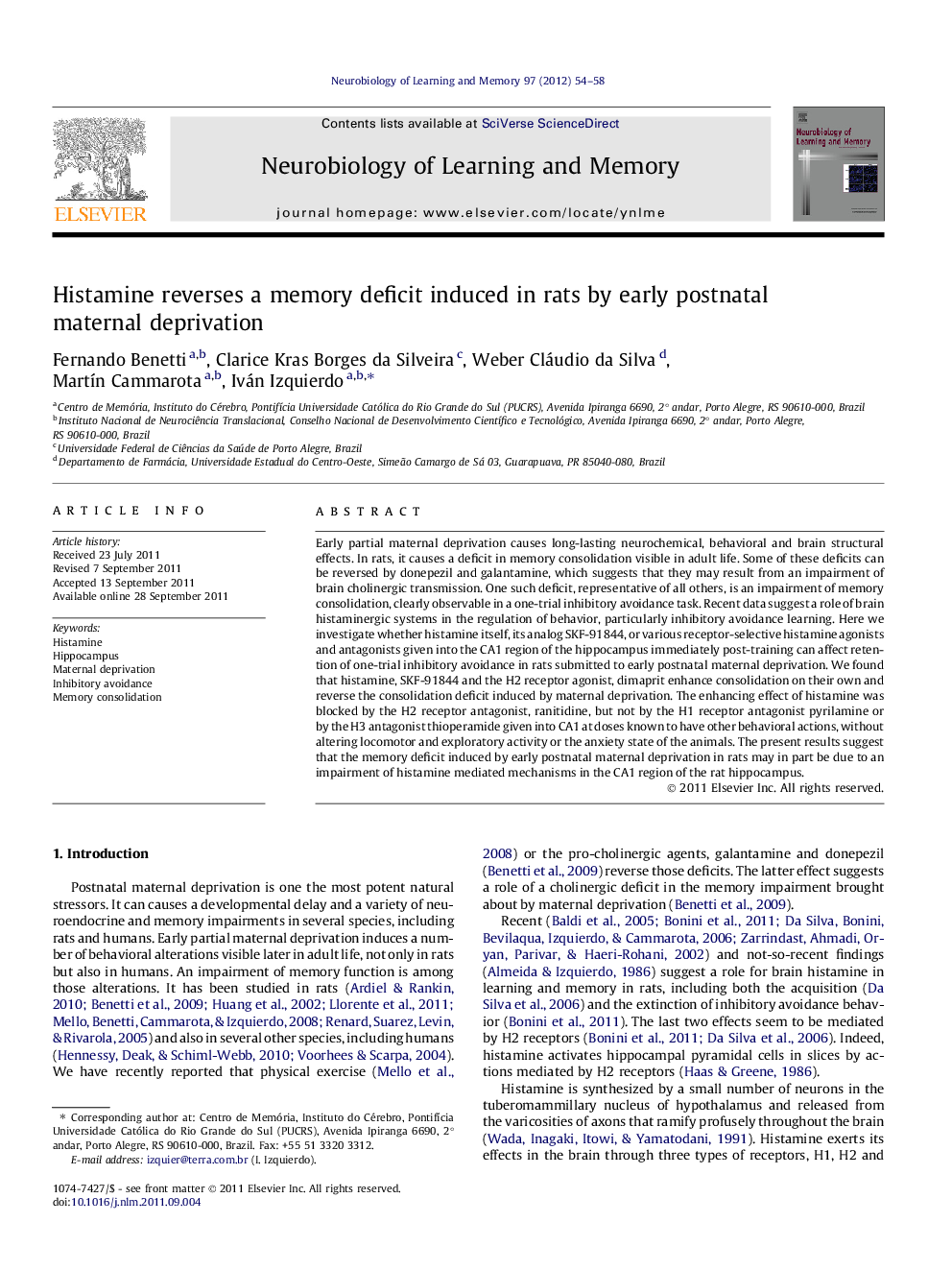 Histamine reverses a memory deficit induced in rats by early postnatal maternal deprivation