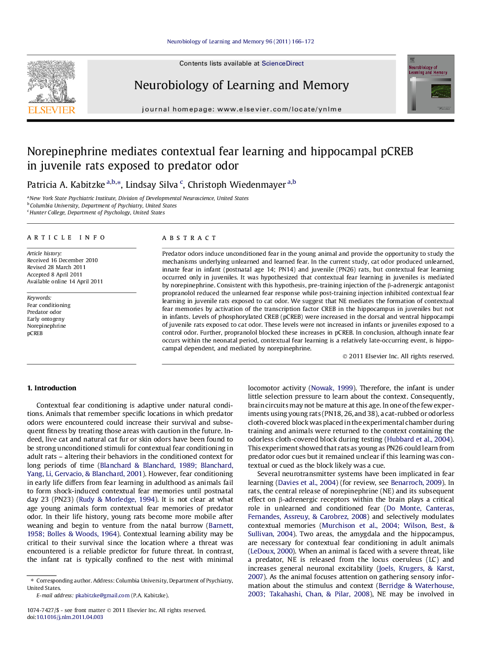 Norepinephrine mediates contextual fear learning and hippocampal pCREB in juvenile rats exposed to predator odor