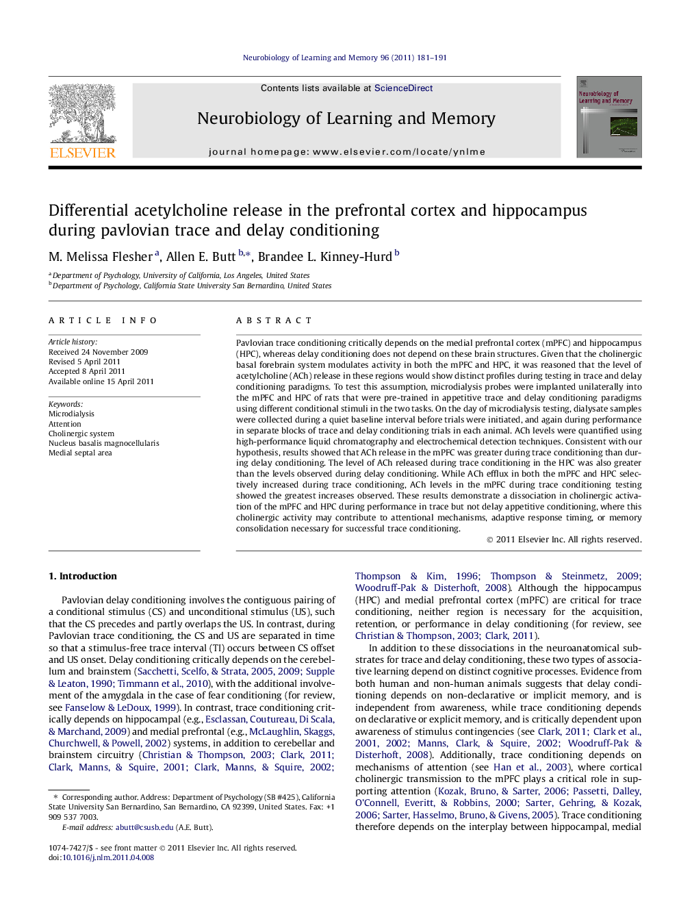 Differential acetylcholine release in the prefrontal cortex and hippocampus during pavlovian trace and delay conditioning