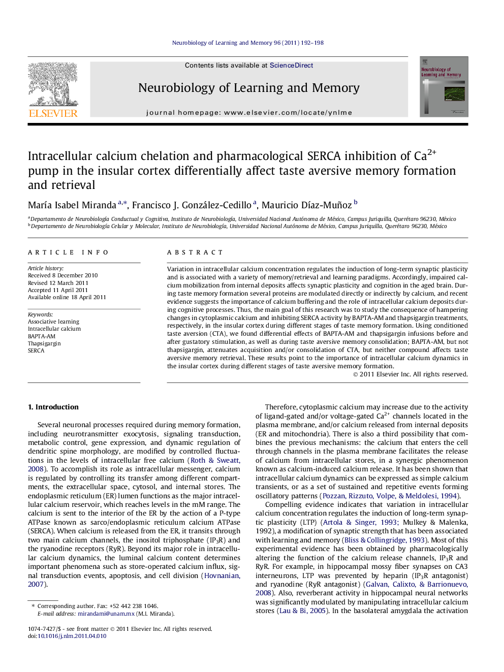 Intracellular calcium chelation and pharmacological SERCA inhibition of Ca2+ pump in the insular cortex differentially affect taste aversive memory formation and retrieval