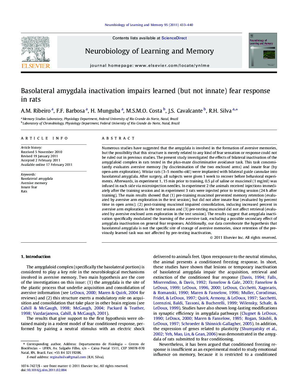 Basolateral amygdala inactivation impairs learned (but not innate) fear response in rats