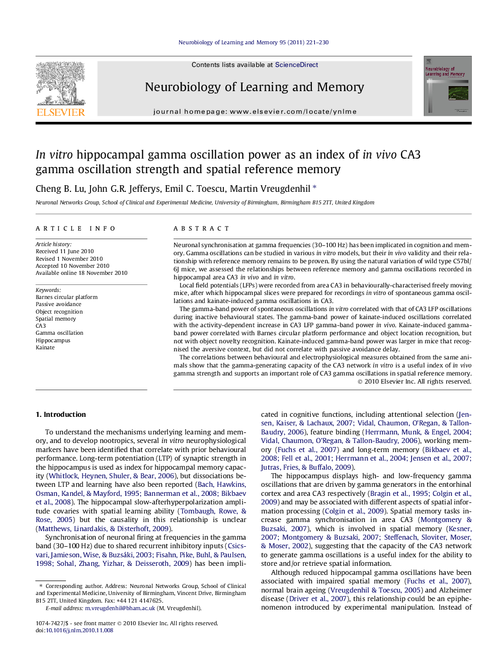 In vitro hippocampal gamma oscillation power as an index of in vivo CA3 gamma oscillation strength and spatial reference memory