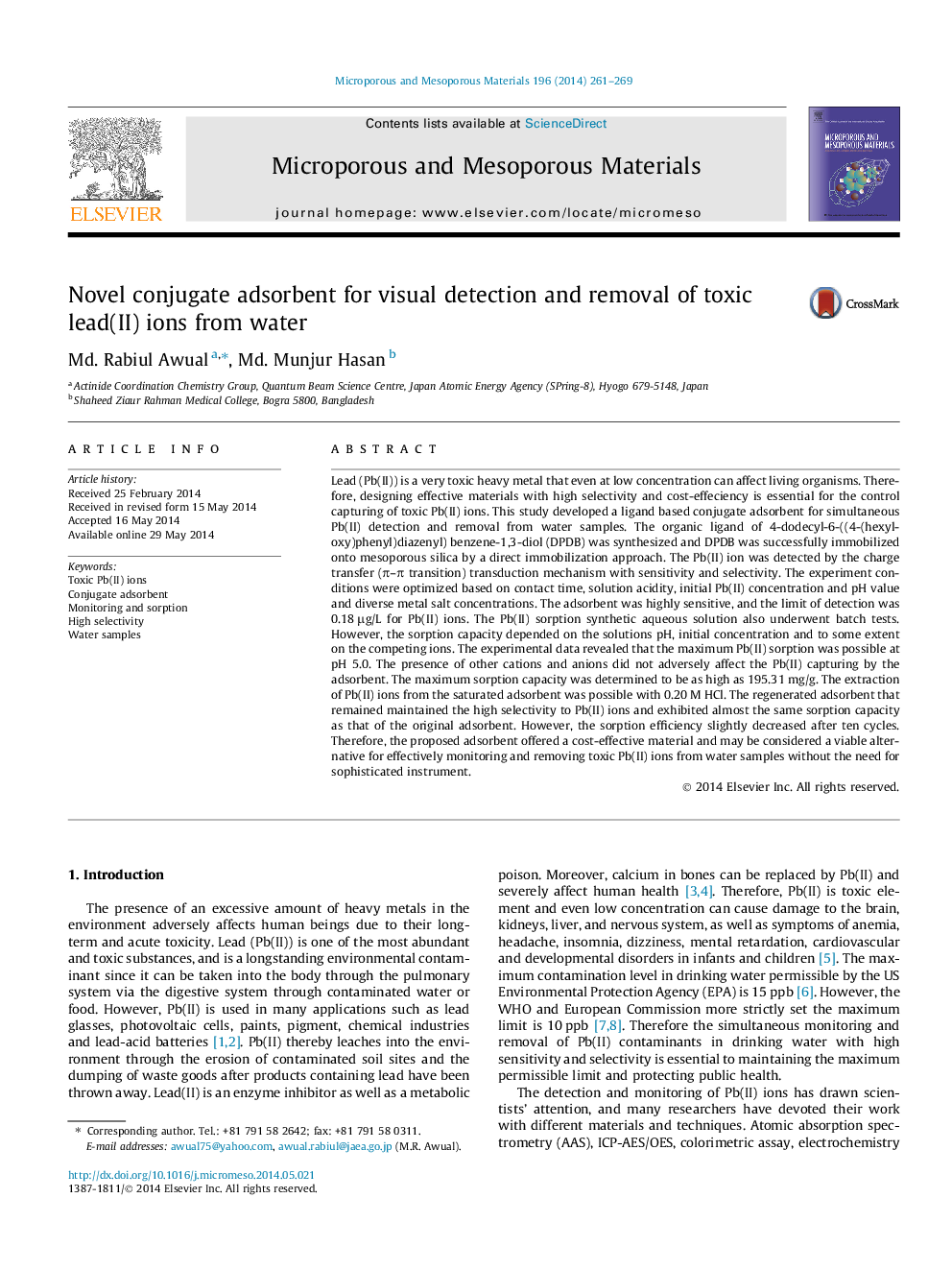 Novel conjugate adsorbent for visual detection and removal of toxic lead(II) ions from water