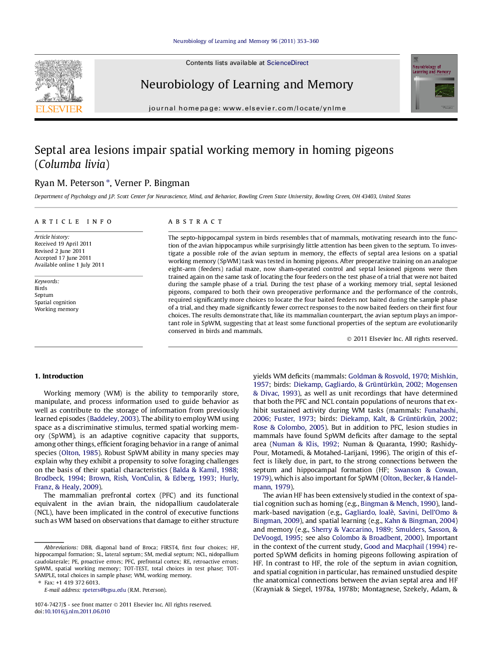 Septal area lesions impair spatial working memory in homing pigeons (Columba livia)