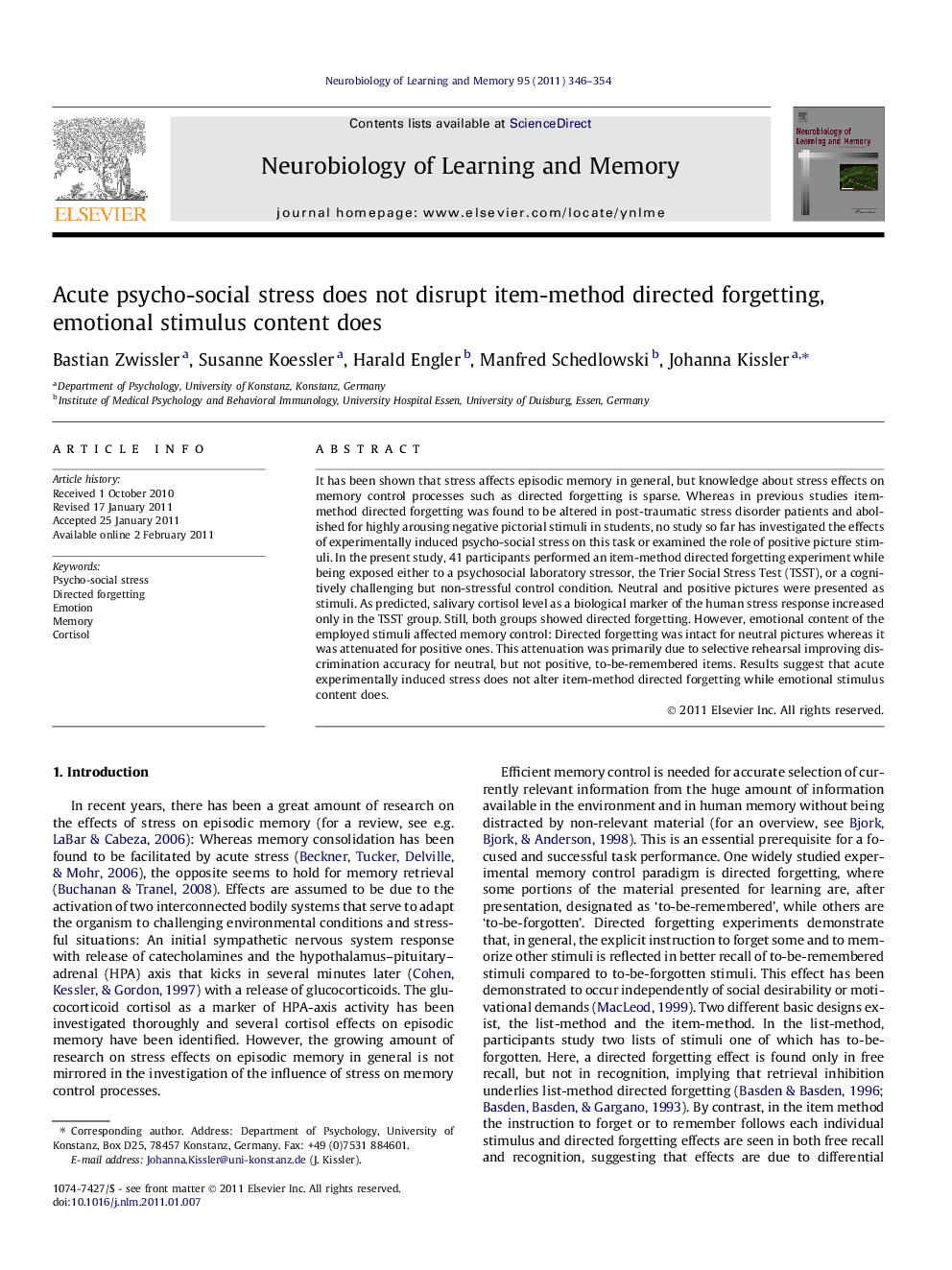 Acute psycho-social stress does not disrupt item-method directed forgetting, emotional stimulus content does