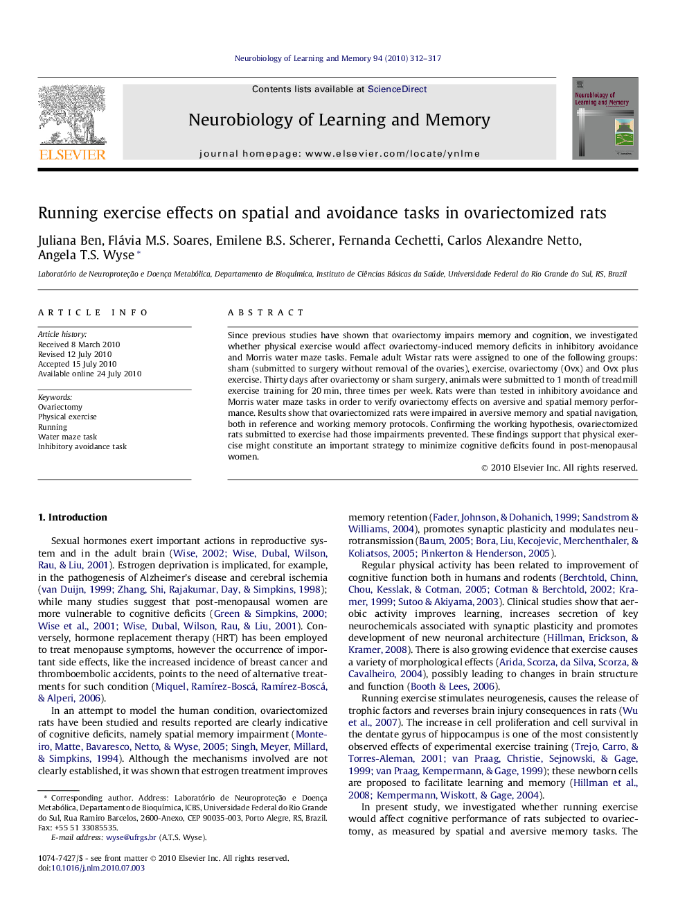 Running exercise effects on spatial and avoidance tasks in ovariectomized rats