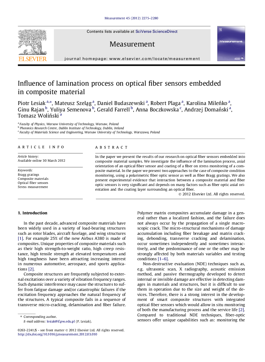 Influence of lamination process on optical fiber sensors embedded in composite material